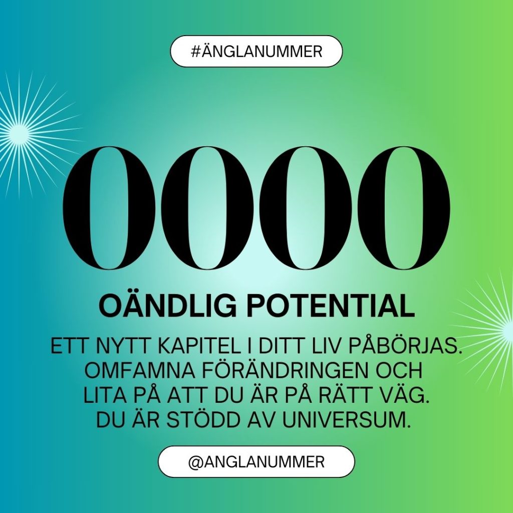 Änglanummer 0000 illustration med textbeskrivningen "Ett nytt kapitel i ditt liv påbörjas. Omfamna förändringen och lita på att du är på rätt väg. du är stödd av universum."