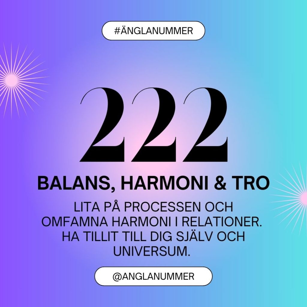 Änglanummer 222 med textbeskrivningen "Lita på processen och omfamna harmoni i relationer. ha tillit till dig själv och universum."