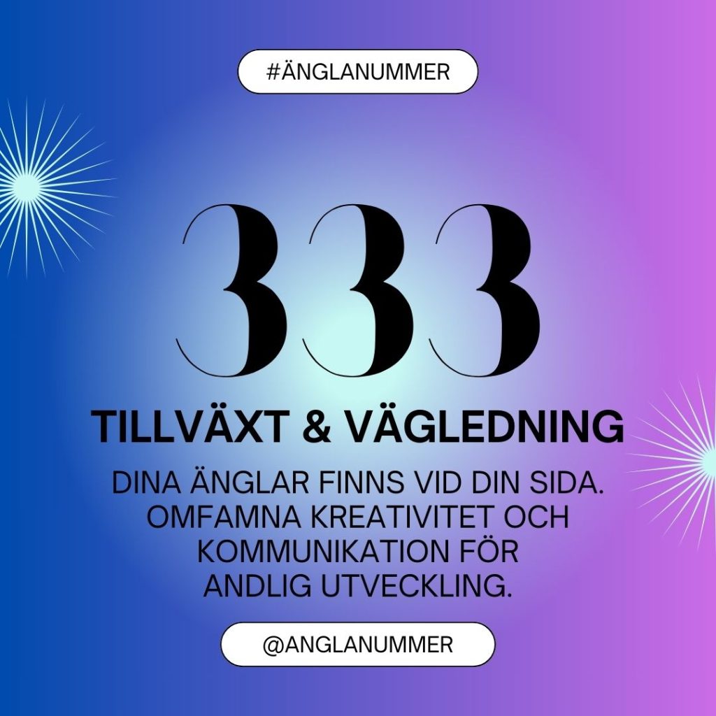 Änglanummer 333 illustration med textbeskrivningen "Dina änglar finns vid din sida. Omfamna kreativitet och kommunikation för andlig utveckling."