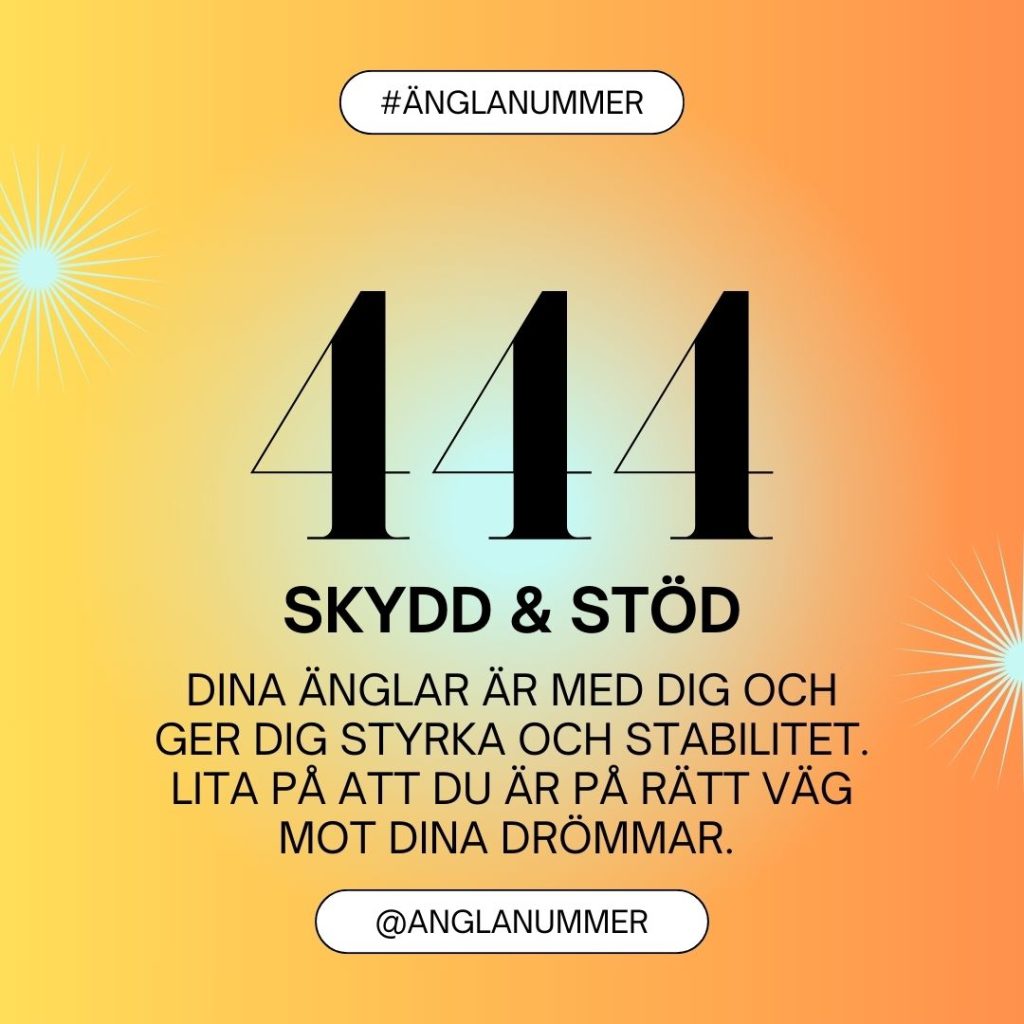 Änglanummer 444 illustration med textbeskrivningen "Dina änglar är med dig och ger dig styrka och stabilitet. lita på att du är på rätt väg mot dina drömmar."