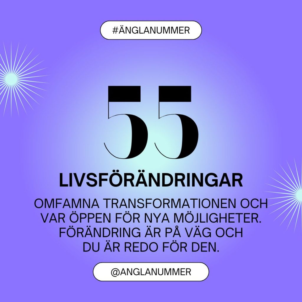 Änglanummer 55 illustration med textbeskrivningen "Omfamna transformationen och var öppen för nya möjligheter. förändring är på väg och du är redo för den."