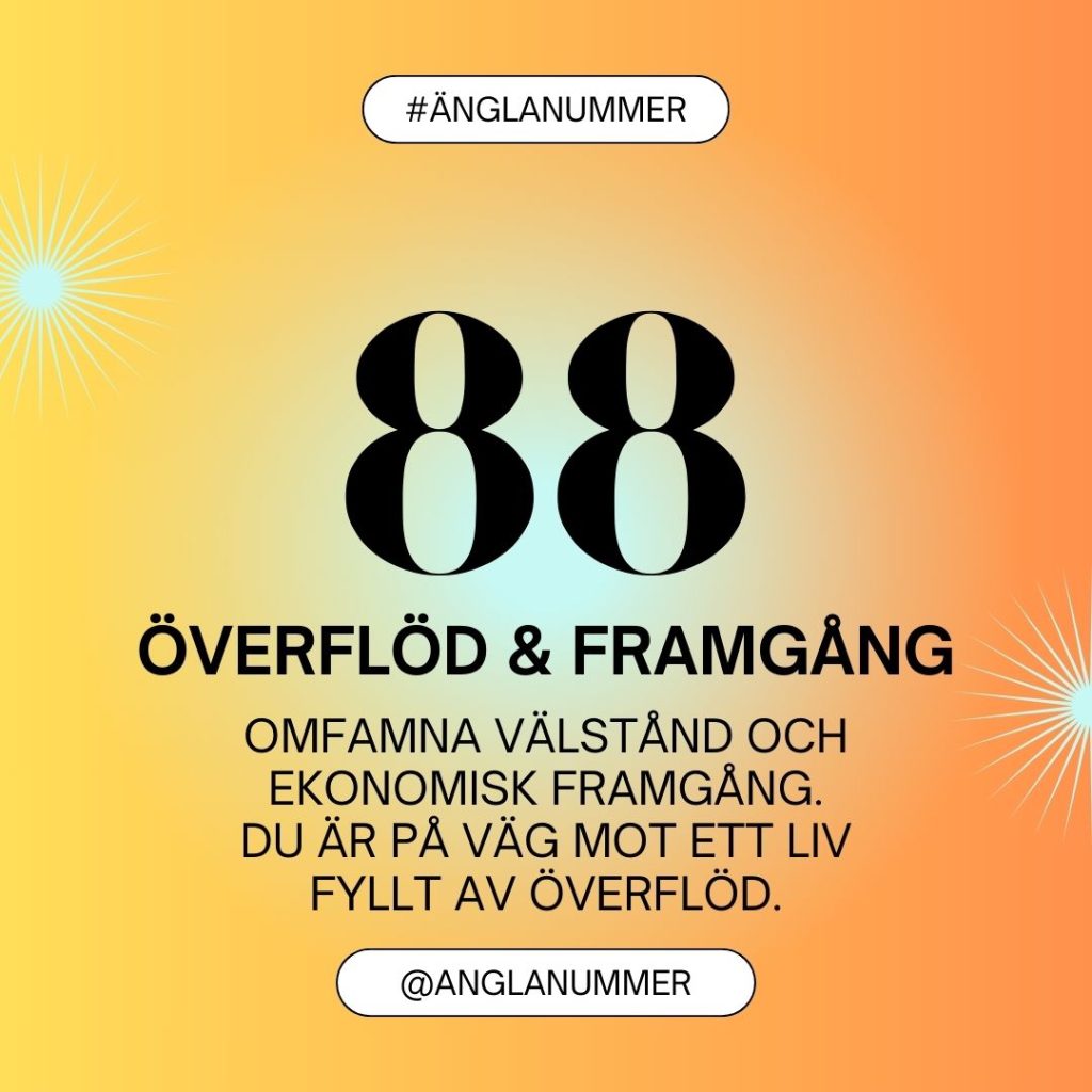 Änglanummer 88 illustration med textbeskrivningen _Omfamna välstånd och ekonomisk framgång. Du är på väg mot ett liv fyllt av överflöd.